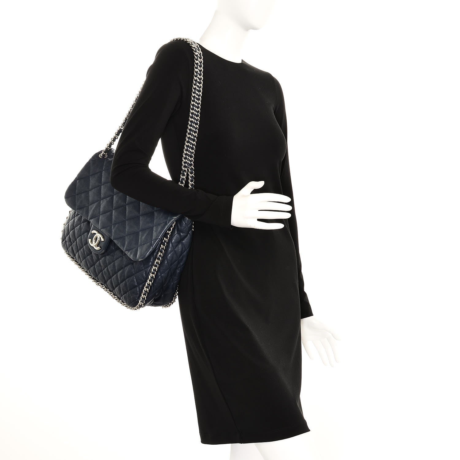 Chanel Washed Lambskin Quilted Chain Around Maxi Flap Dark Navy Blue 2 of 9