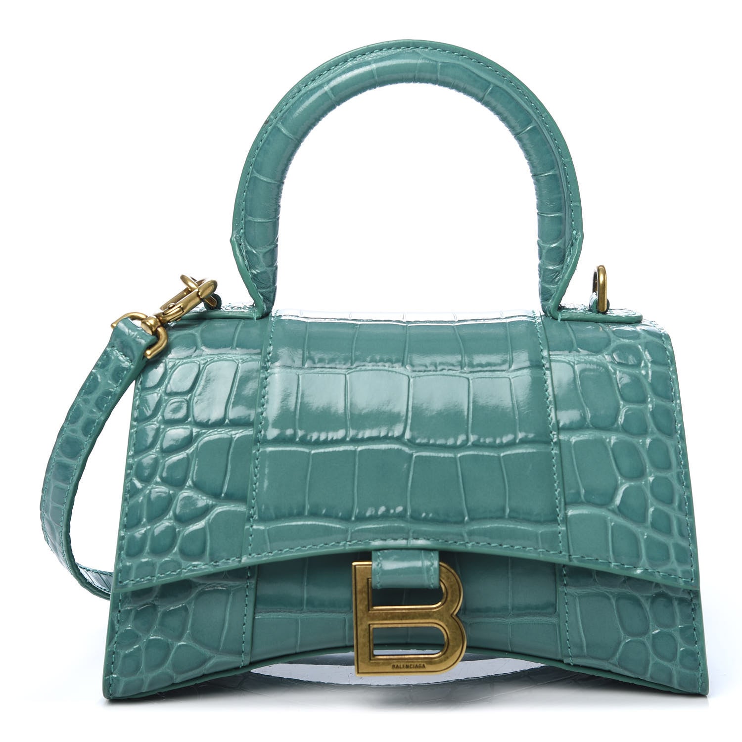 Balenciaga Shiny Calfskin Crocodile Embossed Hourglass Top Handle Bag XS Dark Turquoise 1 of 10