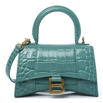 Balenciaga Shiny Calfskin Crocodile Embossed Hourglass Top Handle Bag XS Dark Turquoise 1 of 10