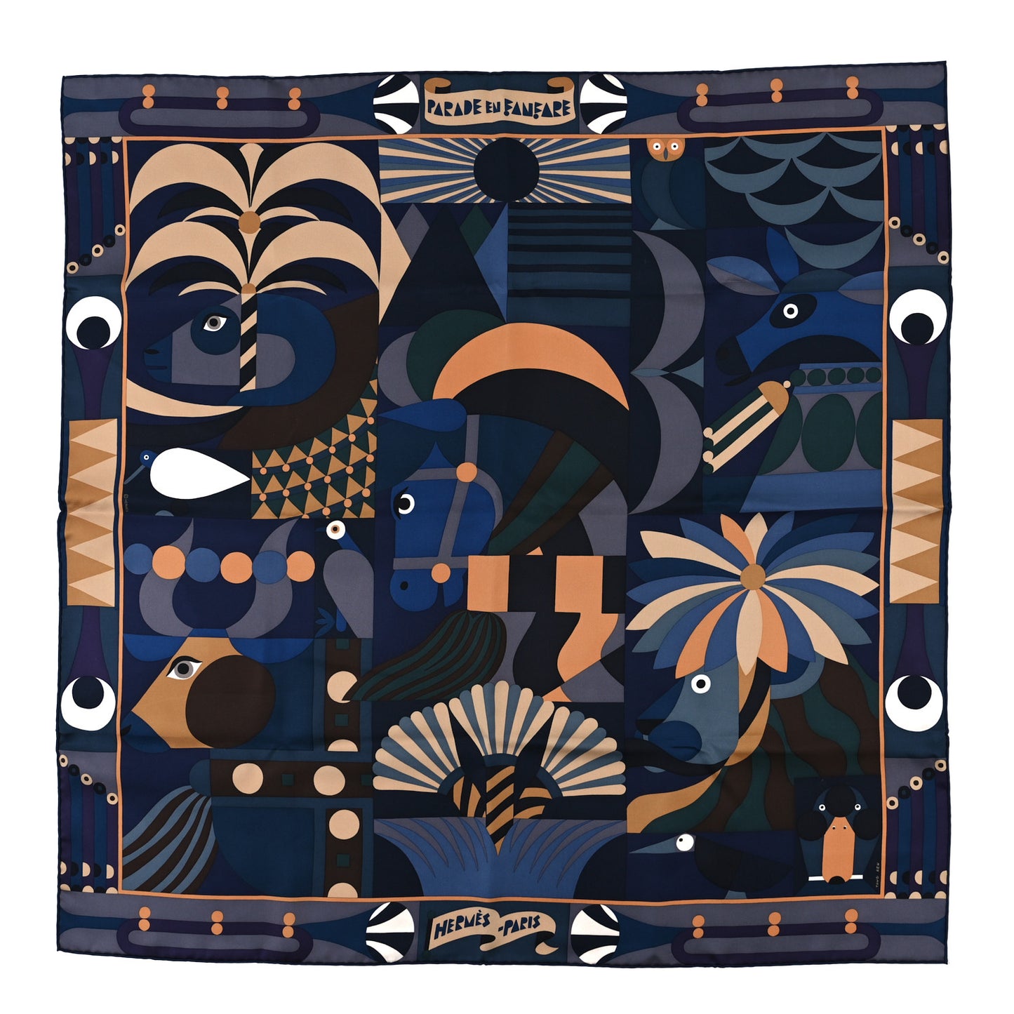 Silk Gavroche Parade En Fanfare Scarf 90 Bleu Nuit Beige Vert