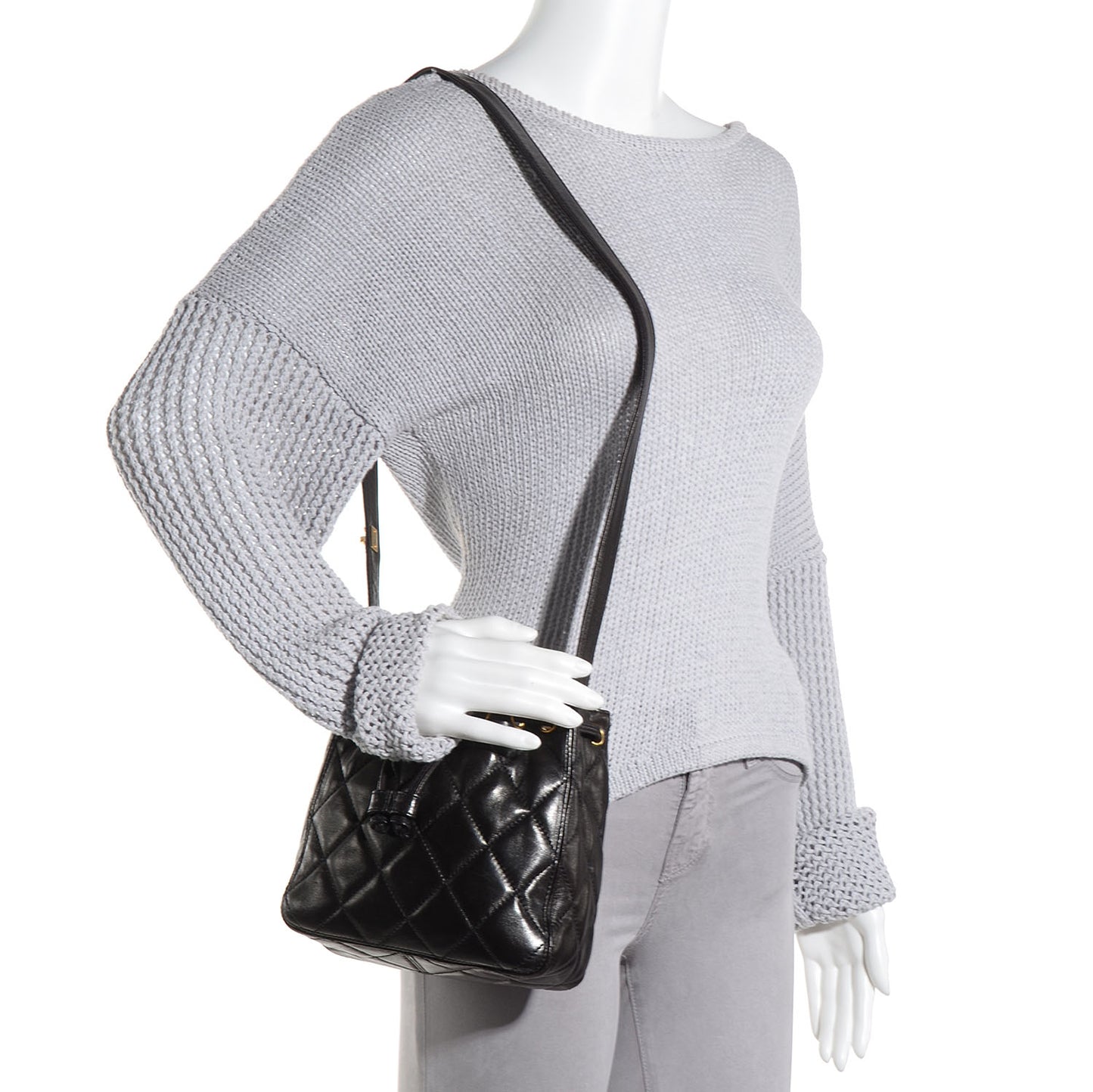 Lambskin Quilted Drawstring Shoulder Bag Dark Brown