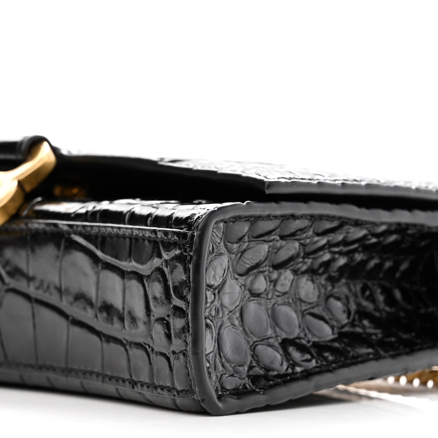 Shiny Calfskin Crocodile Embossed Hourglass Chain Bag Black