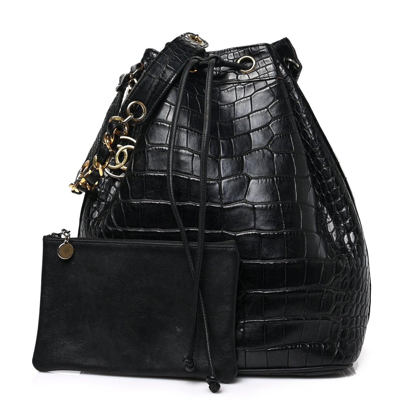 Alligator Drawstring Bucket Bag Black