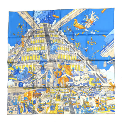 Hermes Silk La Legende Du Cheval A Plumes Scarf 90 Bleu Jaune Gold 1 of 4
