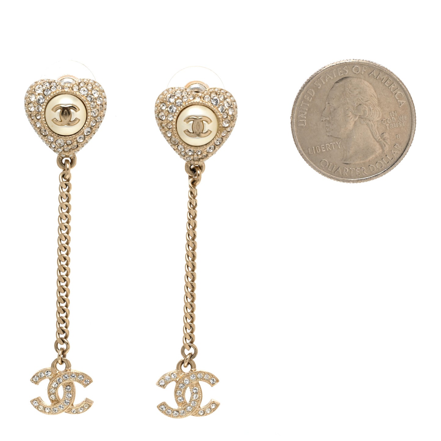 Pearl Crystal CC Heart Drop Earrings Gold White