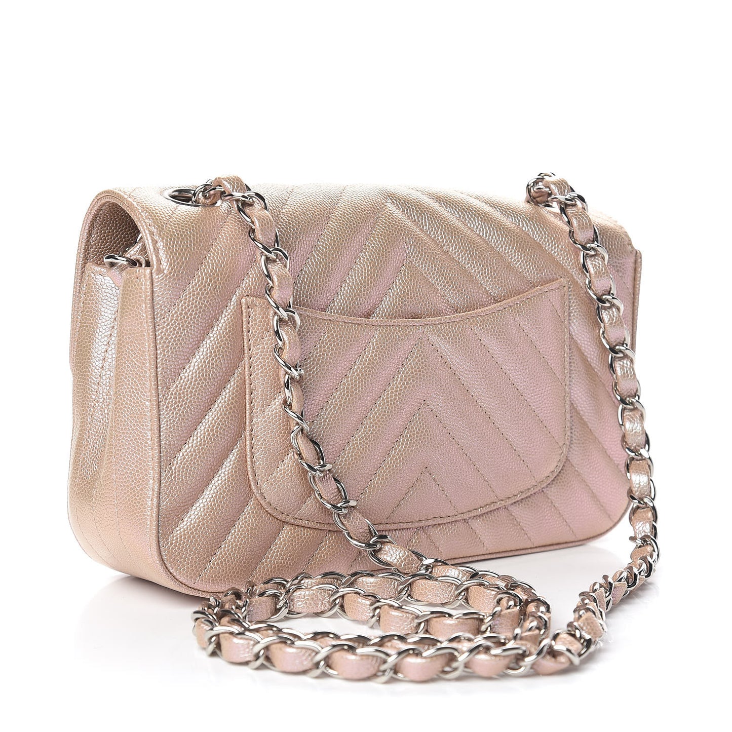 Iridescent Caviar Chevron Quilted Mini Rectangular Flap Light Gold