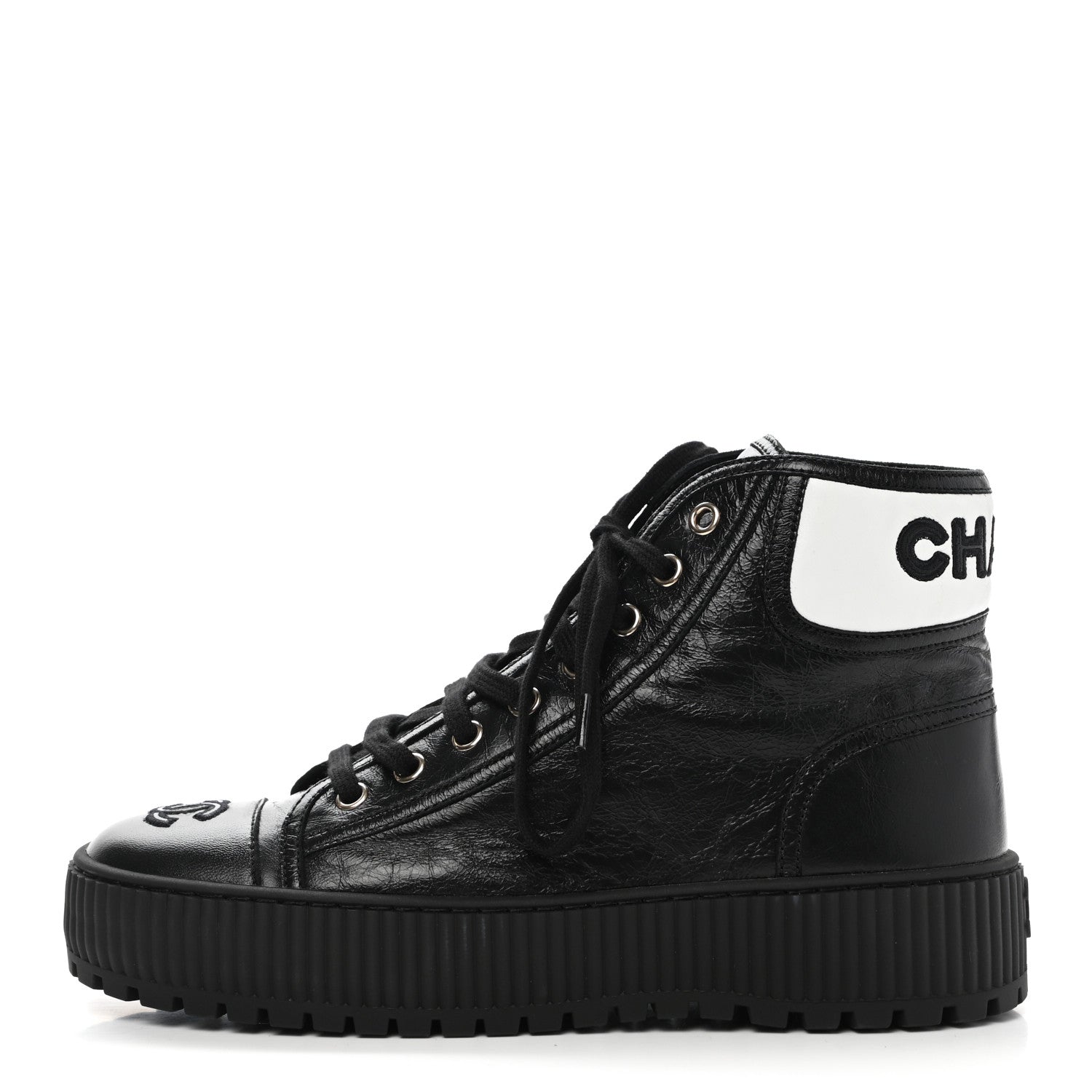 Chanel Aged Calfskin Lace Up Cap Toe Sneakers 38 Black White 1 of 8