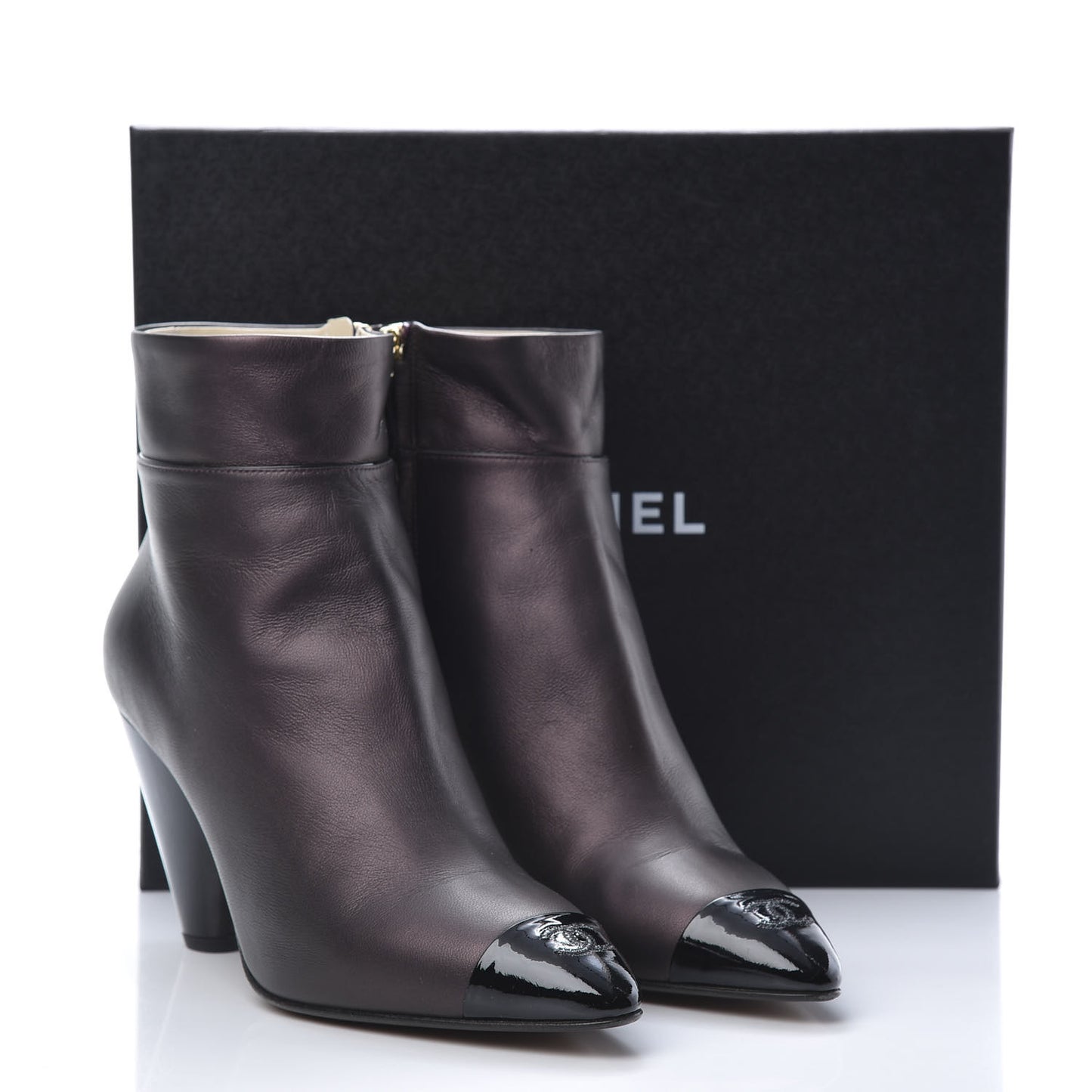 Lambskin Patent Cap Toe CC Short Ankle Boots 42 Burgundy Black