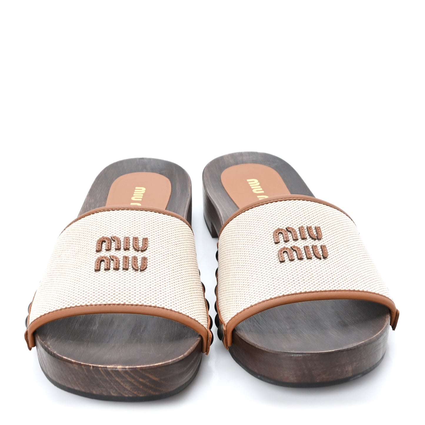 Canvas Calfskin Logo Slide Clogs 39 Naturale Brandy