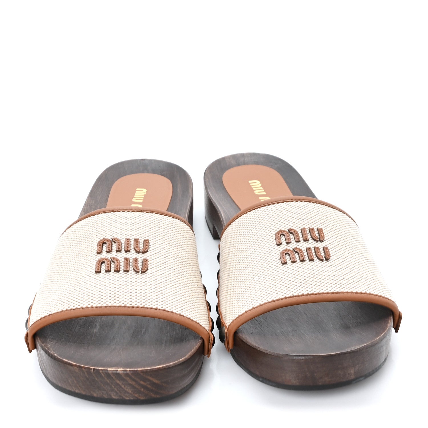 Miu Miu Canvas Calfskin Logo Slide Clogs 39 Naturale Brandy 3 of 9