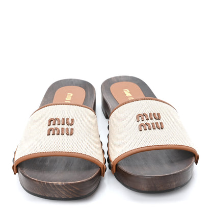 Miu Miu Canvas Calfskin Logo Slide Clogs 39 Naturale Brandy 3 of 9