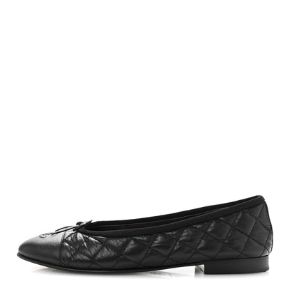 Chanel Aged Calfskin Quilted CC Cap Toe Ballerina Flats 37.5 Black 1 of 10