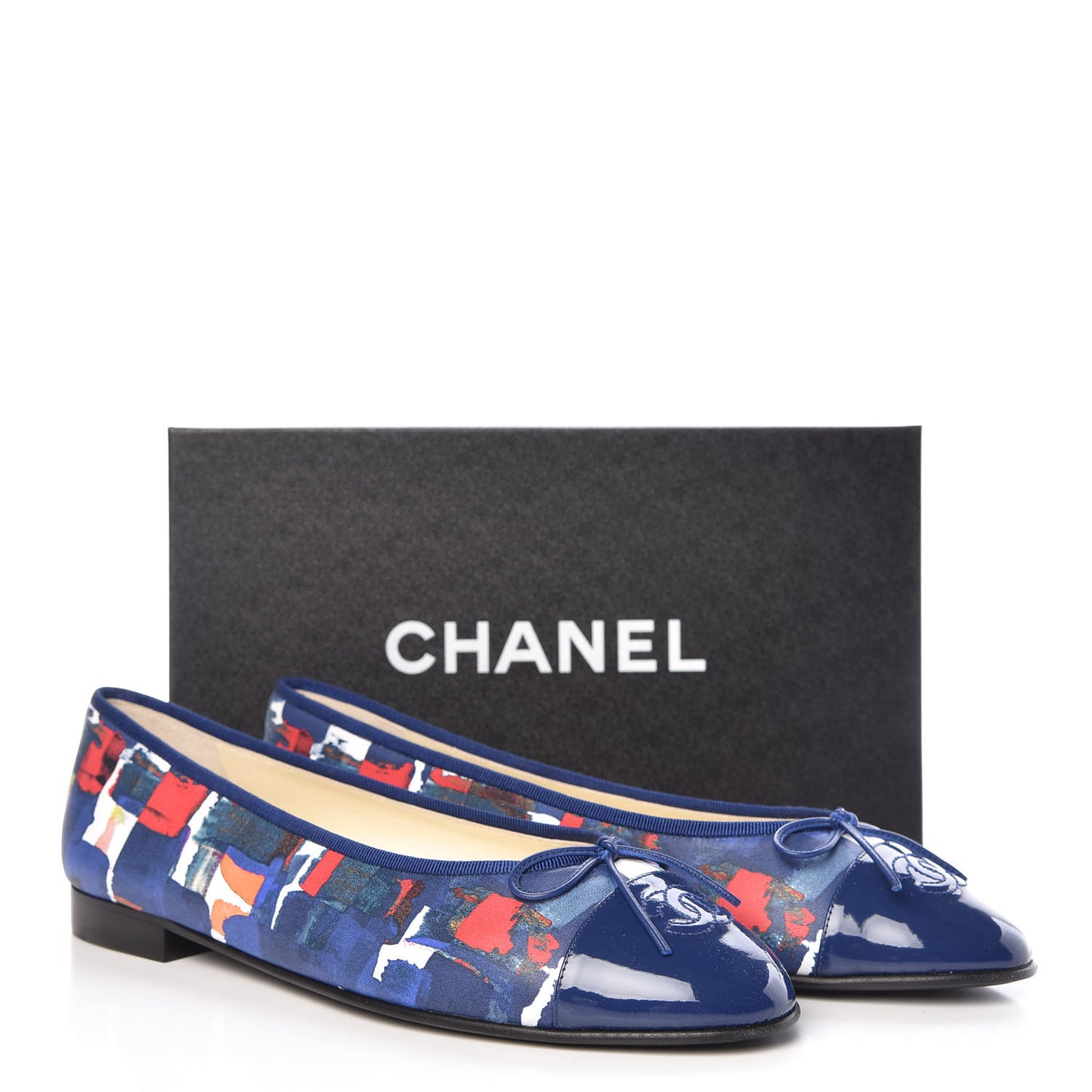 Patent Calfskin Printed CC Cap Toe Ballerina Flats 41 Blue Red Orange Navy