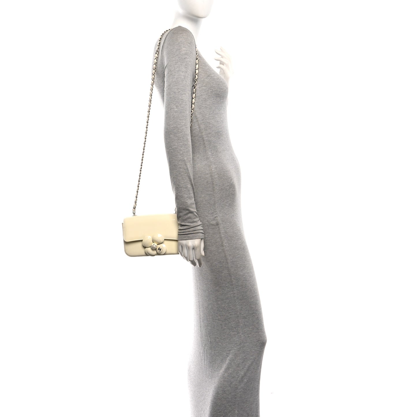 Patent Calfskin Small Camellia Single Flap White