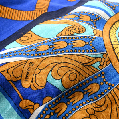 Hermes Cashmere Silk Balade En Berline Shawl 140 Bleu Ciel Jaune Vif Bleu Vif 5 of 8