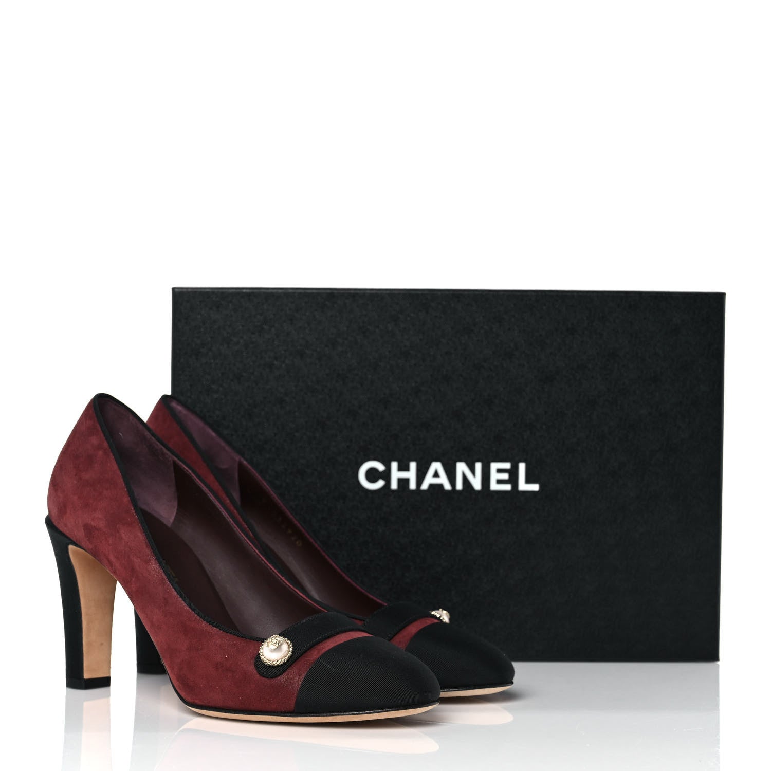 Chanel Glitter Calfskin Grosgrain Cap Toe Pearl Pumps 38 Burgundy Black 9 of 9