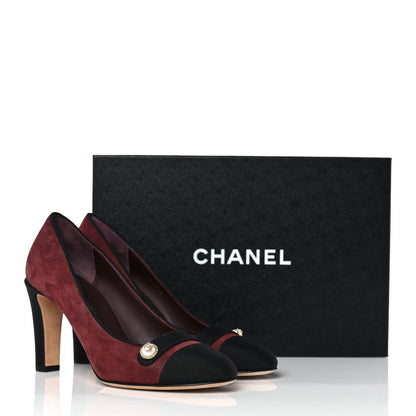 Chanel Glitter Calfskin Grosgrain Cap Toe Pearl Pumps 38 Burgundy Black 9 of 9
