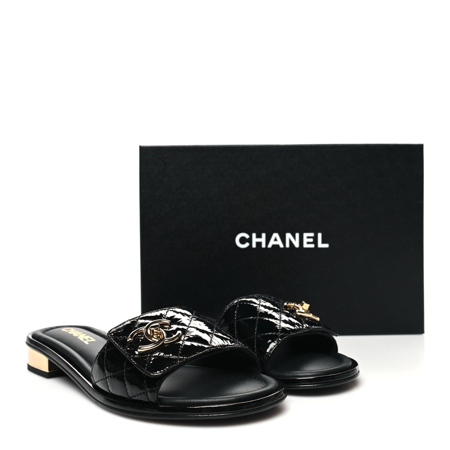 Patent Goatskin Quilted CC Mules Sandals 39 Black