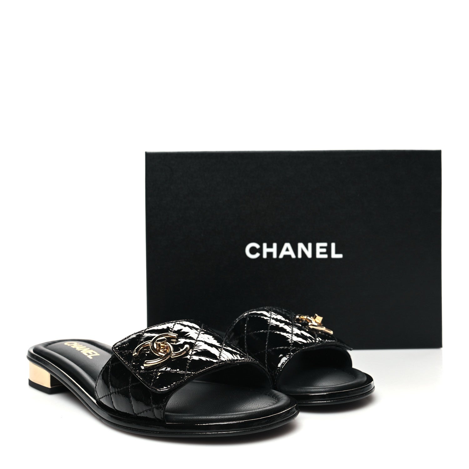 Chanel Patent Goatskin Quilted CC Mules Sandals 39 Black 9 of 9