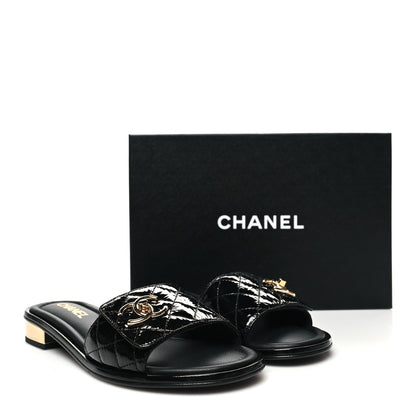 Chanel Patent Goatskin Quilted CC Mules Sandals 39 Black 9 of 9