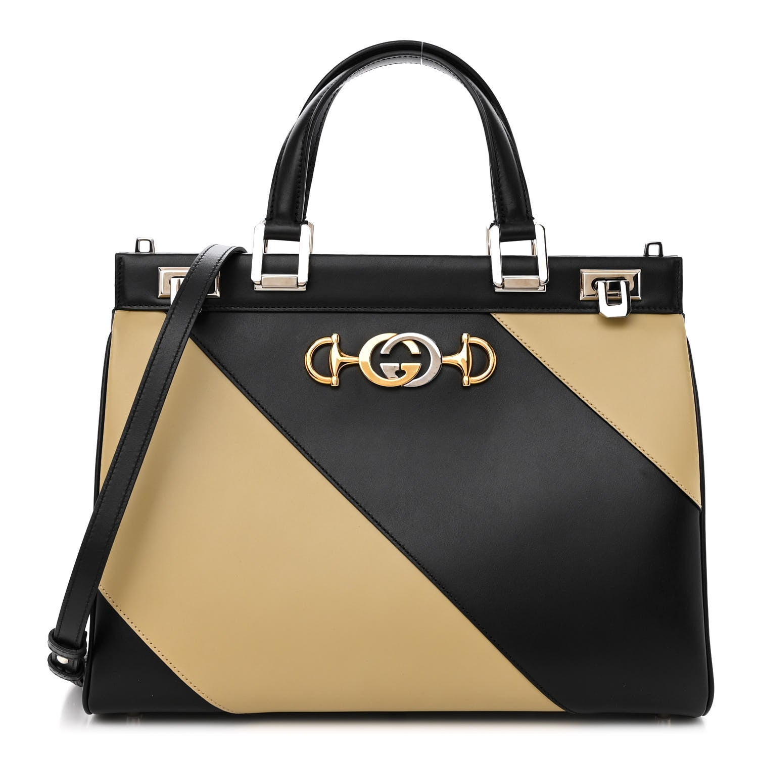 Gucci Smooth Calfskin Diagonal Striped Medium Zumi Top Handle Bag Black Beige 1 of 10
