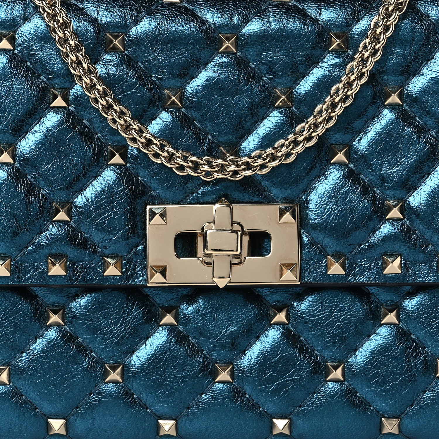 Valentino Garavani Metallic Wrinkled Lambskin Rockstud Spike Wallet On Chain Peacock 6 of 8