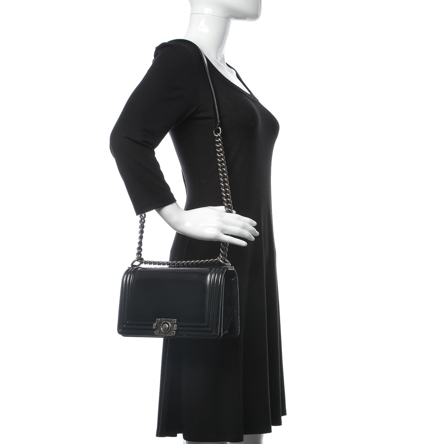 Glazed Calfskin Medium Boy Flap Black