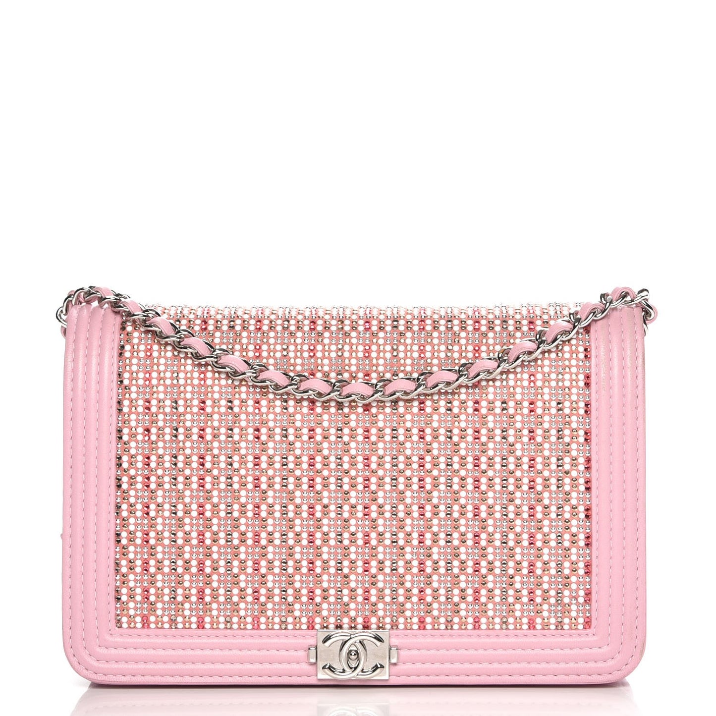 Calfskin Crystal Studded Boy Wallet On Chain WOC Pink