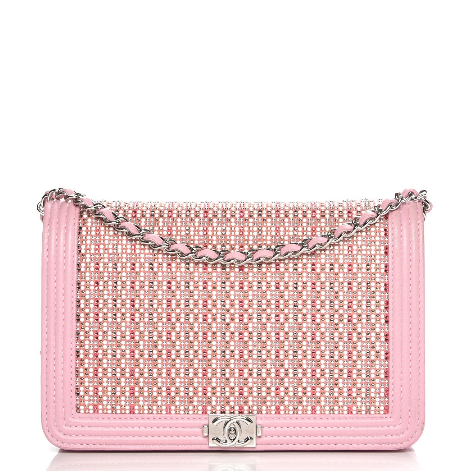 Chanel Calfskin Crystal Studded Boy Wallet On Chain WOC Pink 1 of 13