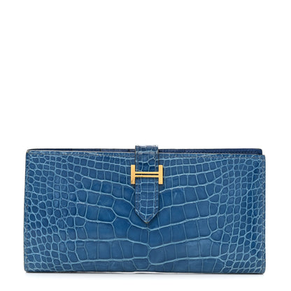 Hermes Shiny Alligator Bearn Gusset Wallet Bleu Izmir 1 of 10
