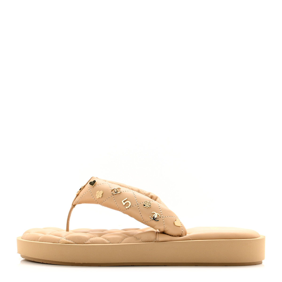 Lambskin Quilted Padded Charms Thong Sandals 37 Beige