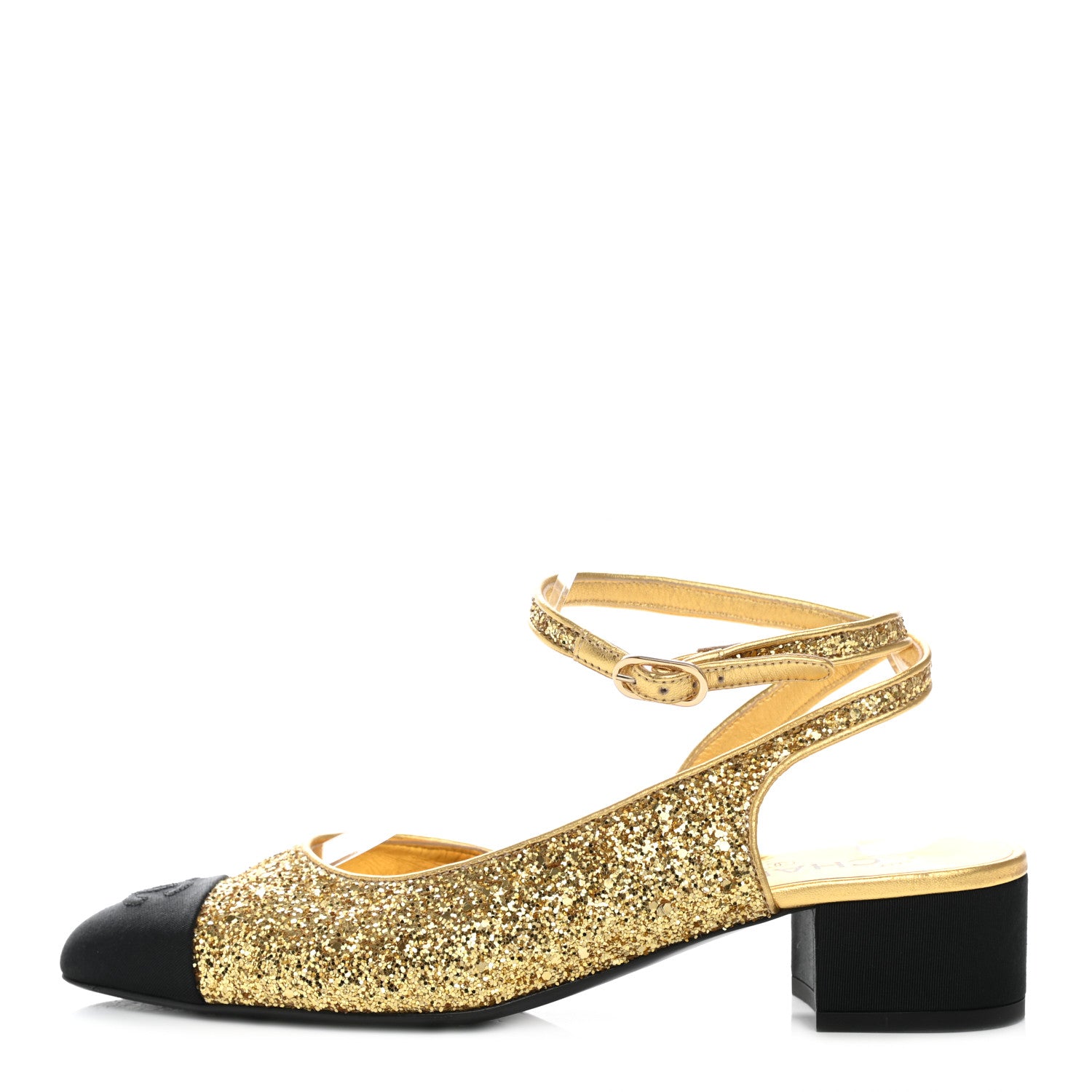 Chanel Glitter Grosgrain Cap Toe CC Ankle Wrap Pumps 39.5 Gold Black 1 of 8