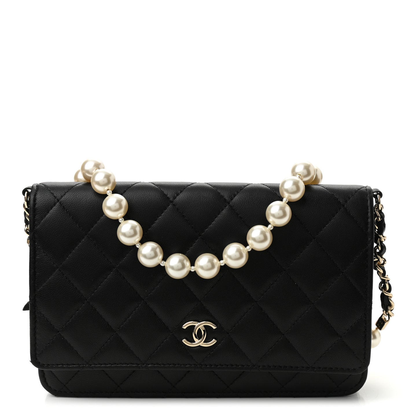 Lambskin Quilted Pearl Wallet On Chain WOC Black