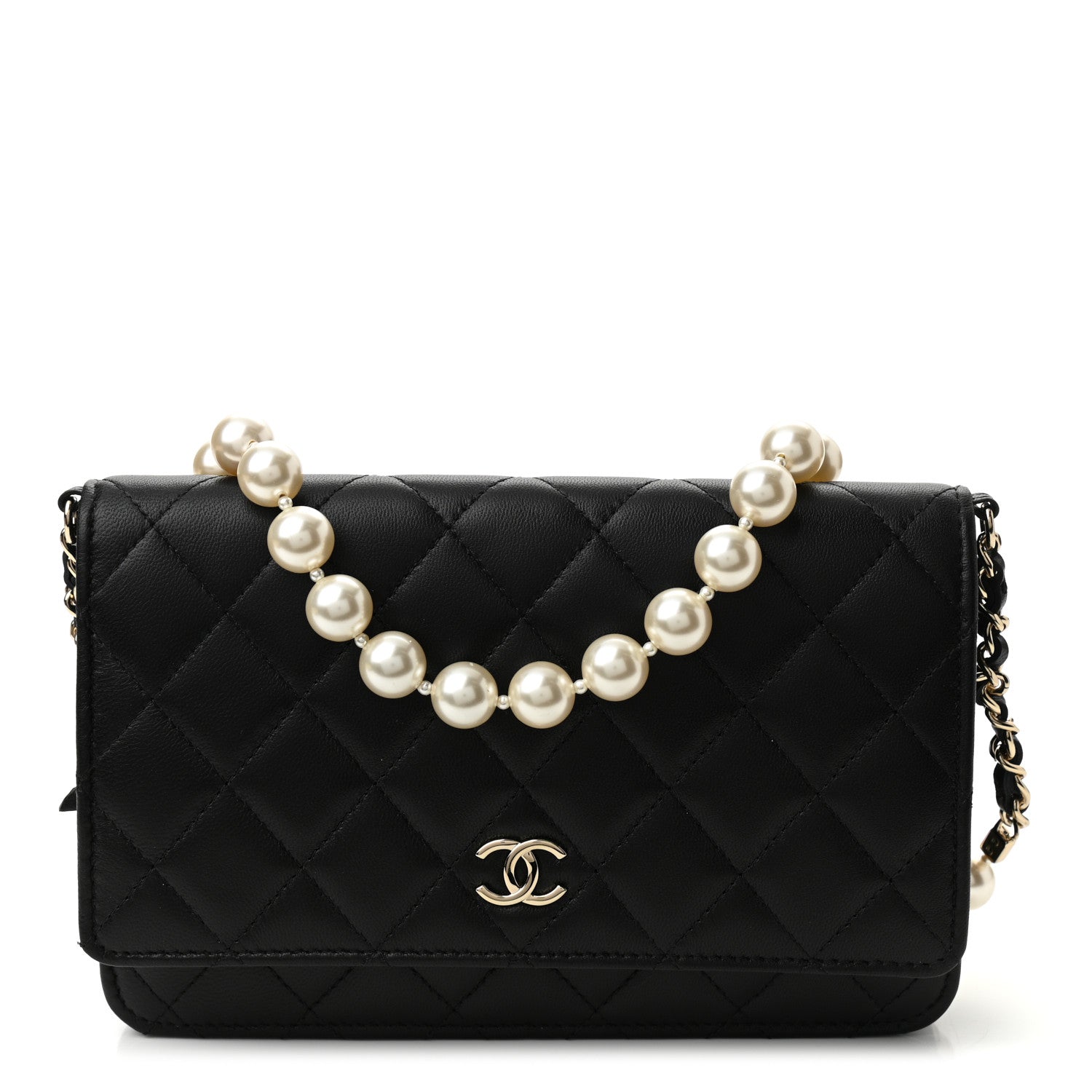 Chanel Lambskin Quilted Pearl Wallet On Chain WOC Black 1 of 11
