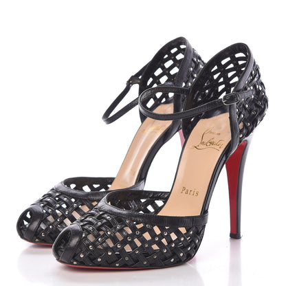Christian Louboutin Shiny Nappa Studded Woven 120 Platform Peep Toe Pumps 38.5 Black 3 of 12