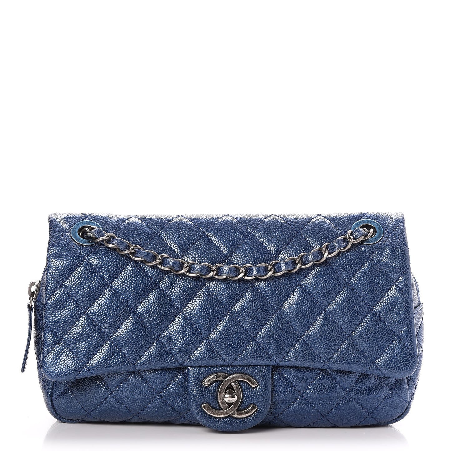 Iridescent Caviar Quilted Small Chic Flap Dark Blue