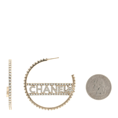 Chanel Crystal Logo Hoop Earrings Gold 2 of 4