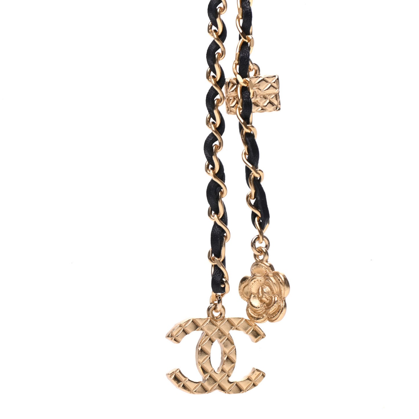 Calfskin Crystal Pearl Perfume Bottle CC Charm Necklace Black Gold