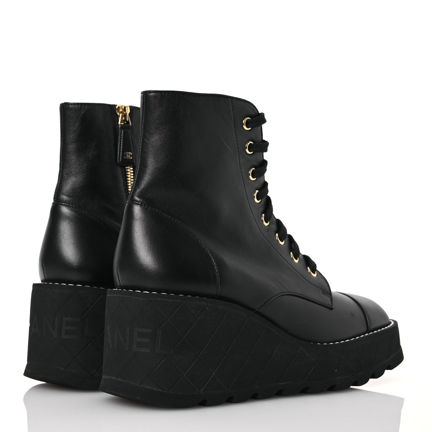 Lambskin Quilted Lace Up Wedge Combat Boots 37.5 Black