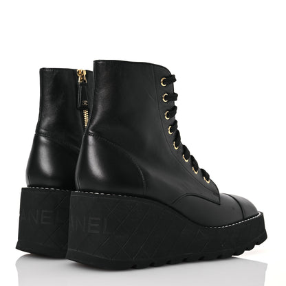 Chanel Lambskin Quilted Lace Up Wedge Combat Boots 37.5 Black 4 of 11