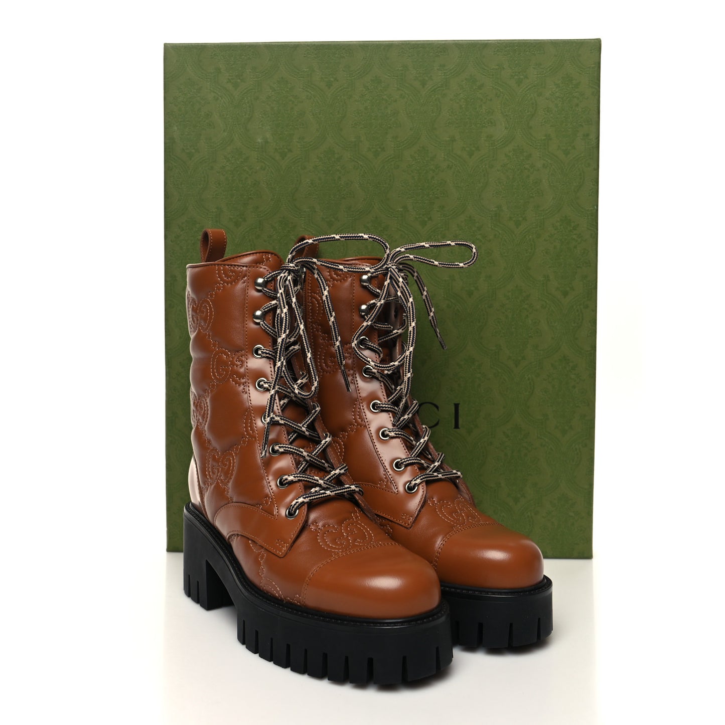 Cordovan Lux Nappa GG Matelasse Lace Up 60mm Combat Boots 36 Dark Hazel Brown