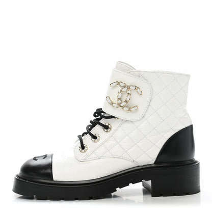 Chanel Shiny Goatskin Calfskin Quilted Lace Up Combat Boots 38.5 White Black 1 of 8