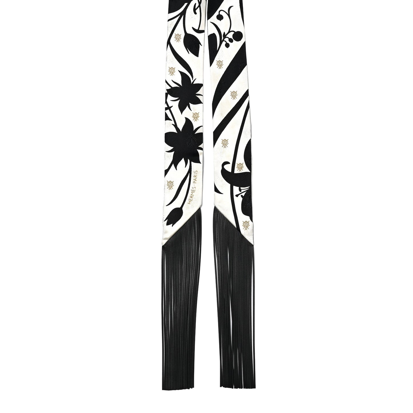 Silk Calfskin Bouquet Final Fringed Twilly Creme Black