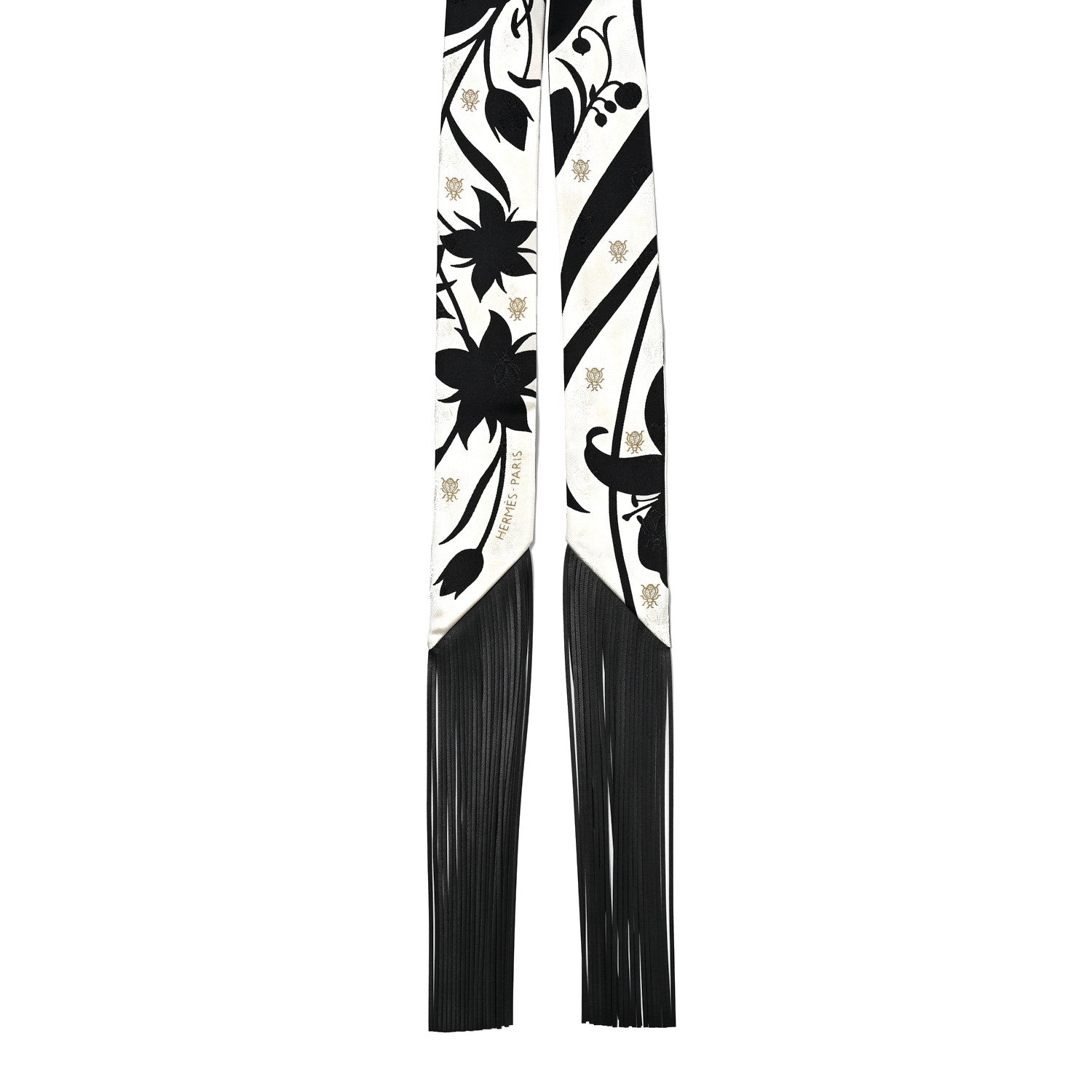 Hermes Silk Calfskin Bouquet Final Fringed Twilly Creme Black 2 of 4
