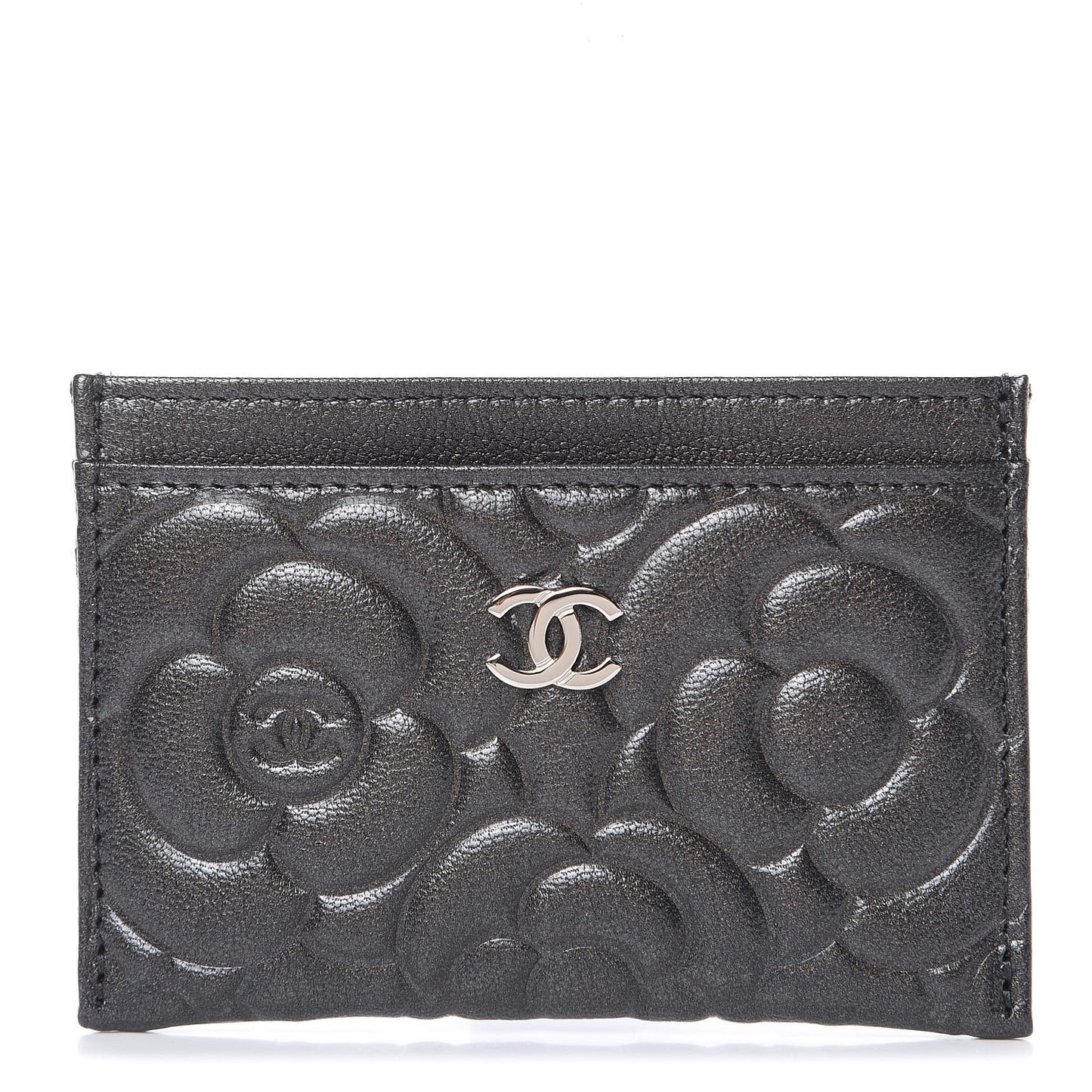 Goatskin Camellia Embossed Card Holder Wallet Grey
