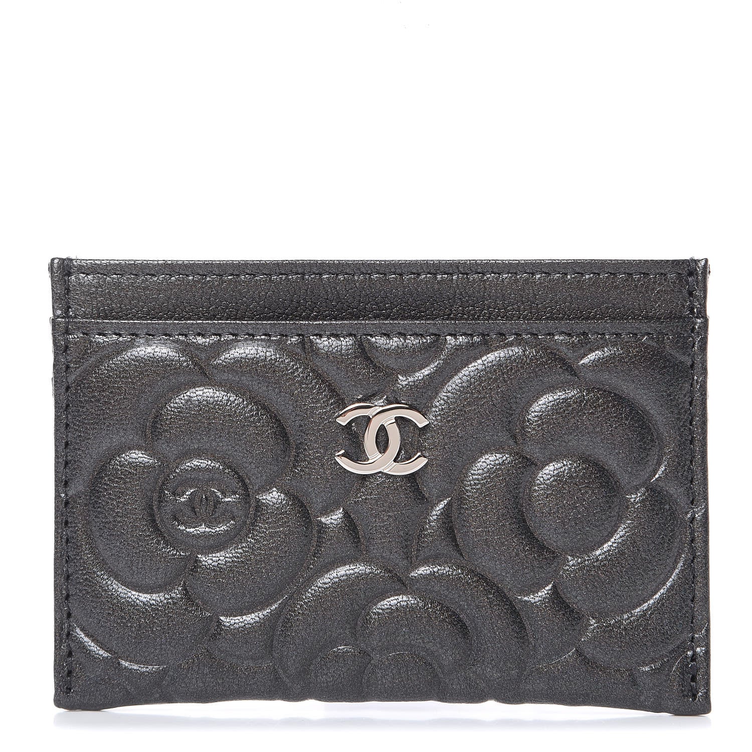 Chanel Goatskin Camellia Embossed Card Holder Wallet Grey 1 of 9