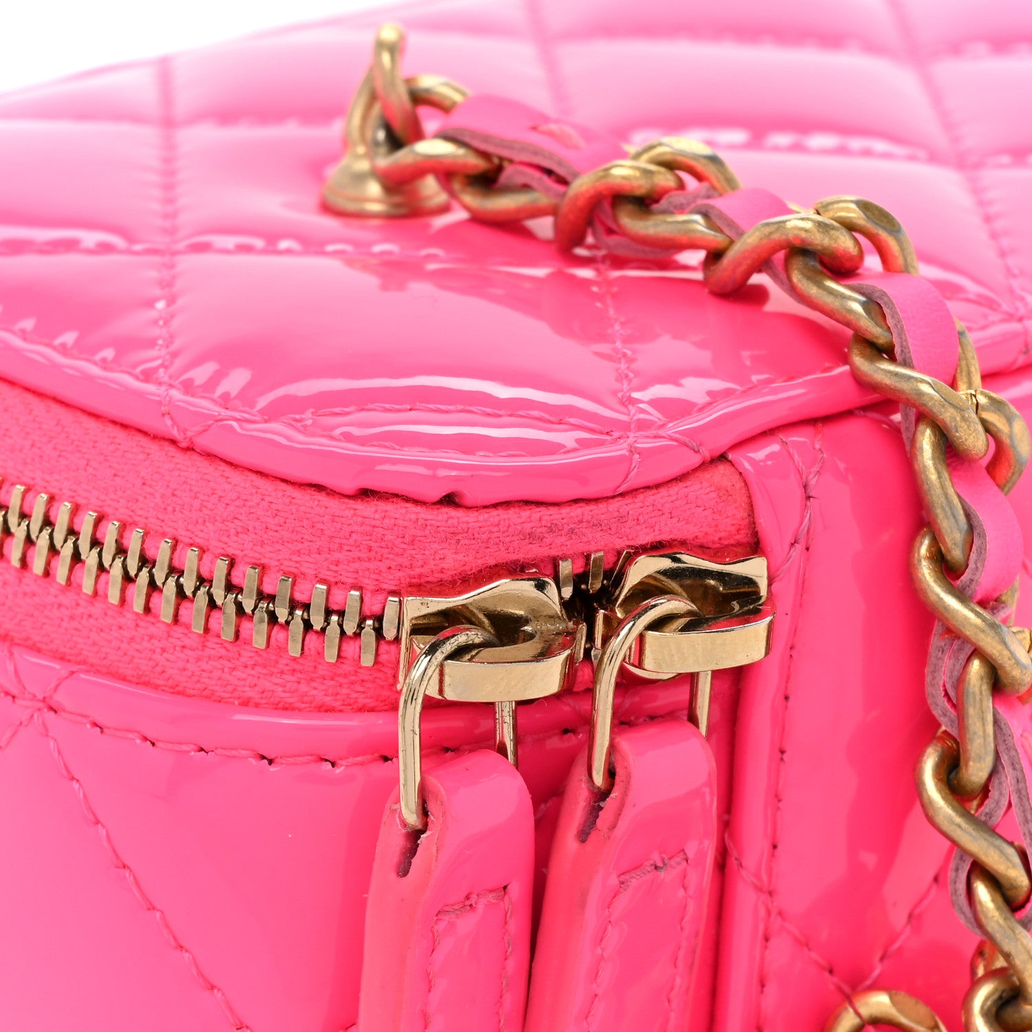 Chanel Patent Quilted Pearl Crush Small Vanity Case With Chain Neon Pink 14 of 15