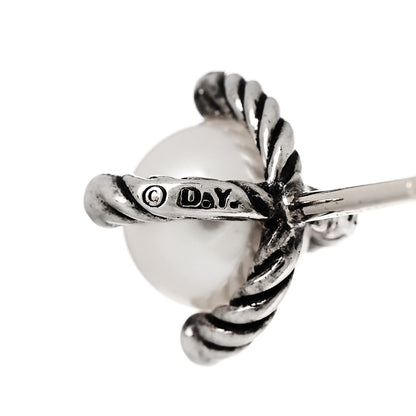 David Yurman Sterling Silver Diamond Pearl 6-6.5mm Cable Stud Earrings 4 of 6
