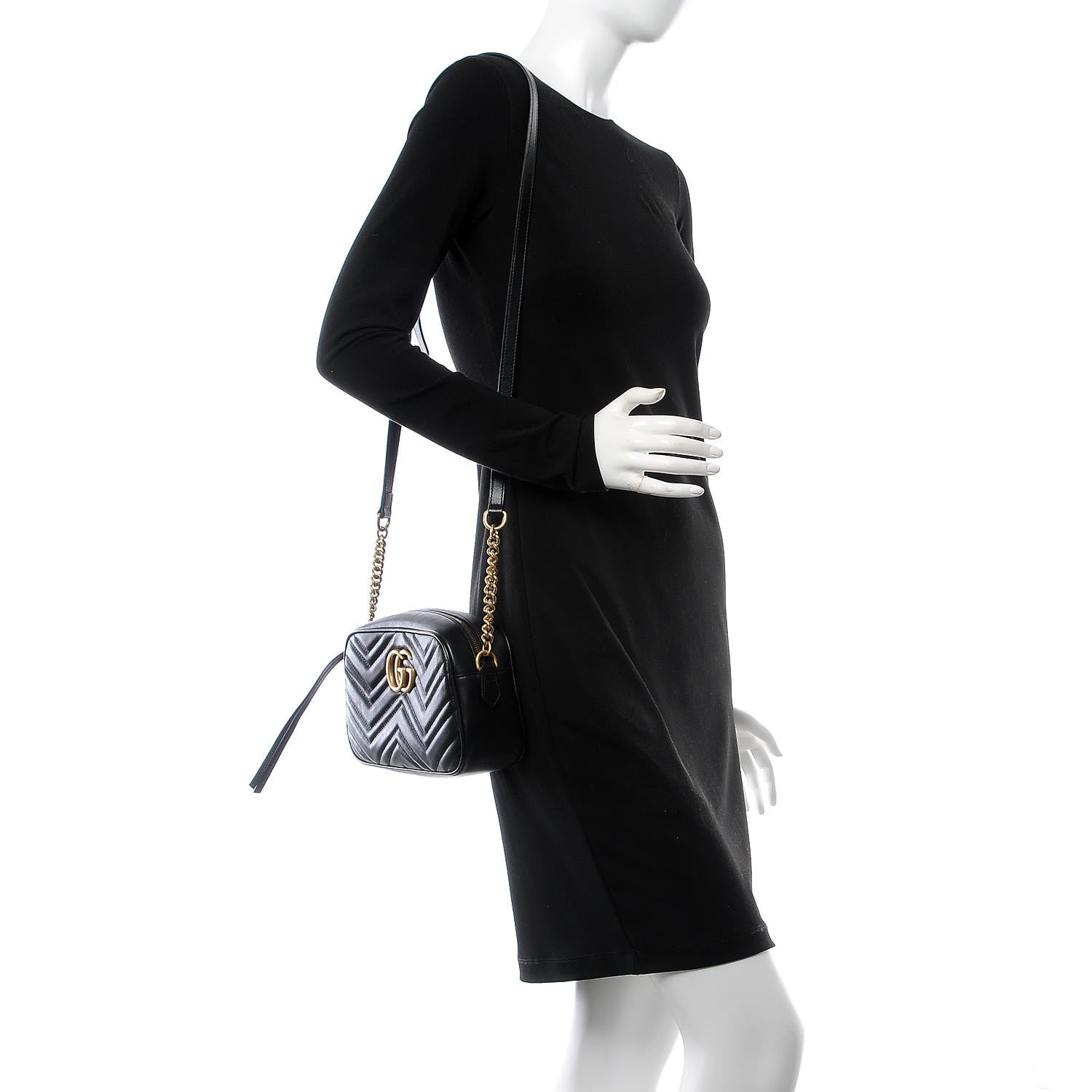 Gucci Calfskin Matelasse Small GG Marmont Chain Shoulder Bag Black 2 of 10