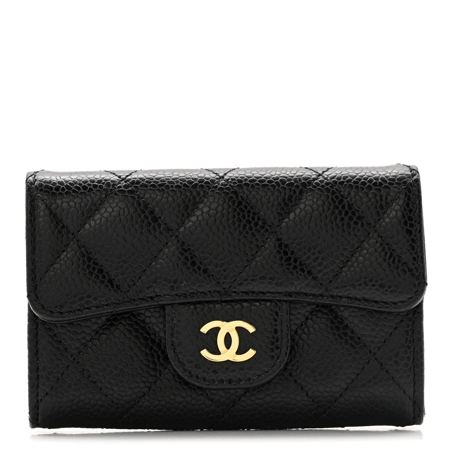 Caviar Quilted Flap Card Holder Wallet Black